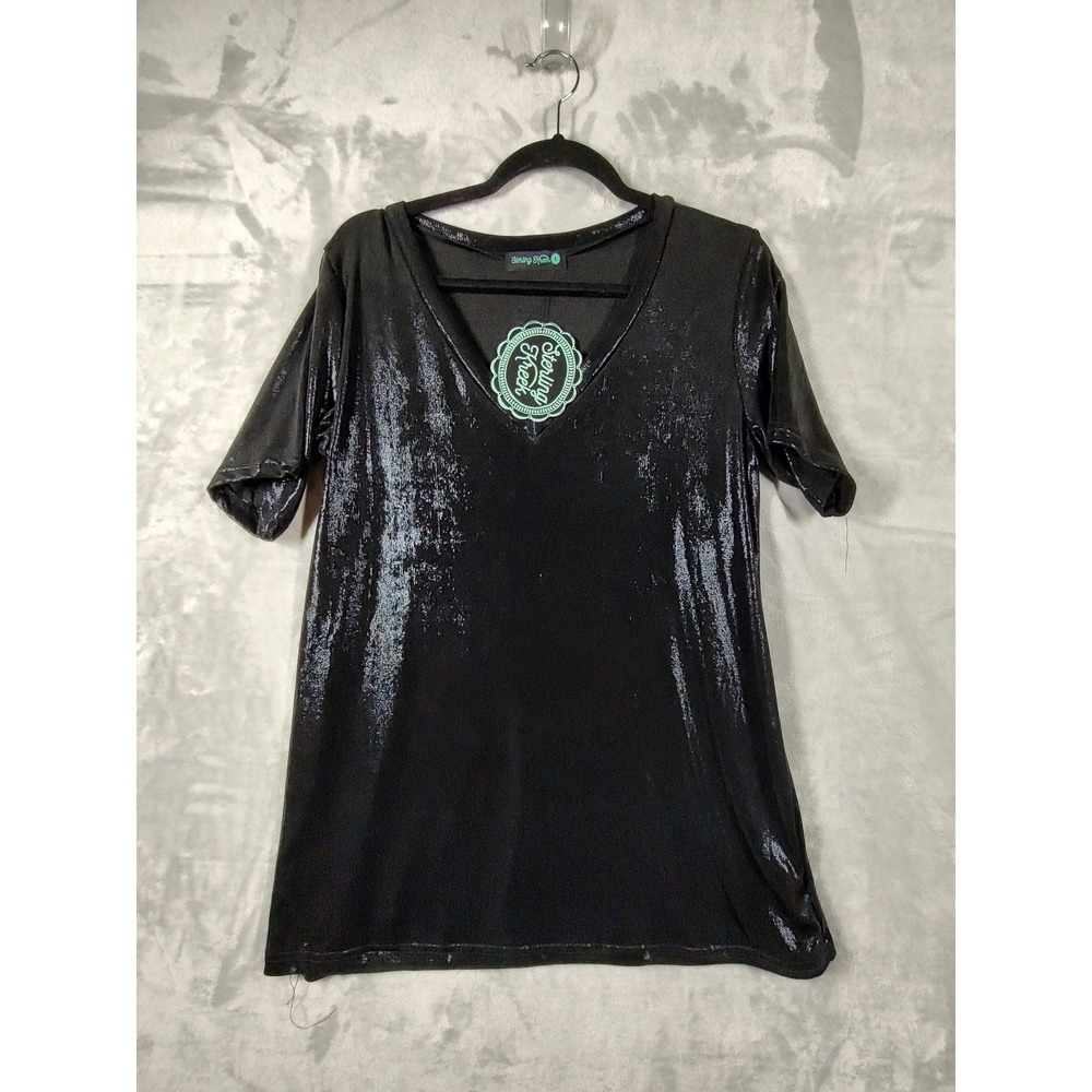Sterling Kreek Womens Black Metallic Shimmer V-Neck Short Sleeve Top Large NEW